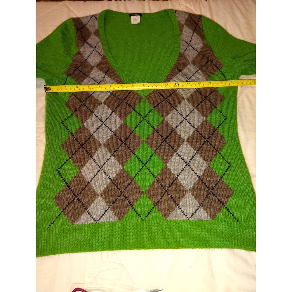 ​VTG J.Crew Holiday 2006 Argyle V-Neck Sweater Lime Green Merino Wool Blend M - Picture 7 of 12